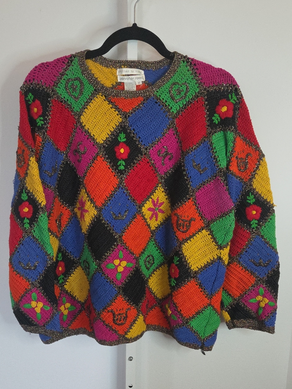 Vintage Colorblock Diamond Patch Crochet Sweater - Jennifer Reed - Multicolor